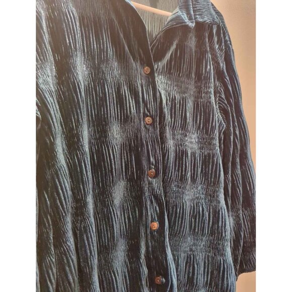 Vintage Tru Luxe Jeans M Blue Velvet Long Sleeve Button Down Ruched Shirt Blouse - Picture 3 of 8